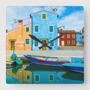 Colourful Boat Scene  Venetian Lagoon Square Wall Clock