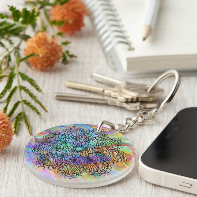 Colourful Bohemian Chic Mandala Flower Pattern Keychain (Front Right)