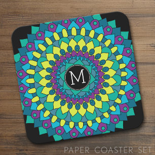 Colourful Bohemian Flower with Custom Monogram Square Paper Coaster