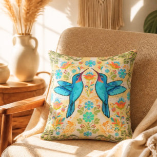 Colourful Bohemian Hummingbird Cotton Throw Pillow