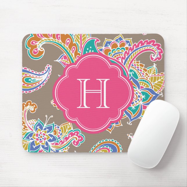 Colourful Bohemian Paisley Henna Custom Monogram Mouse Pad (With Mouse)