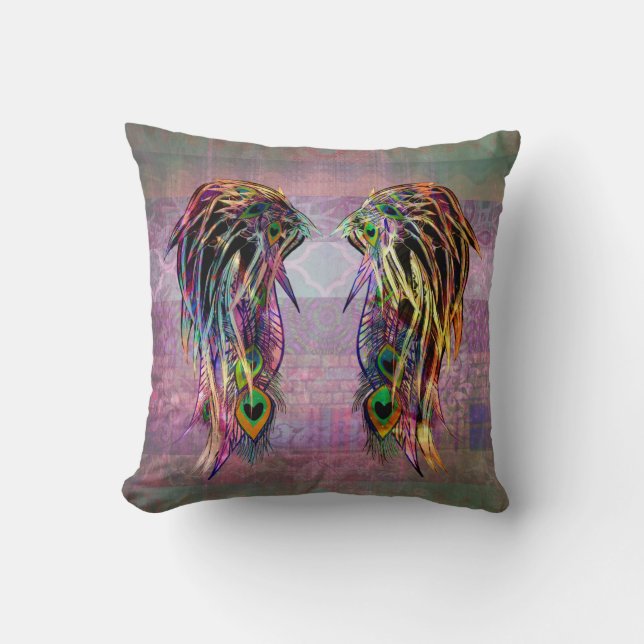 Colourful Bohemian Peacock Feather Angel Wings Throw Pillow (Front)