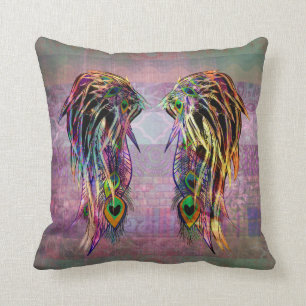 Colourful Bohemian Peacock Feather Angel Wings Throw Pillow