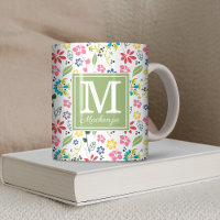 Colourful Bohemian Spring Flowers Green Monogram