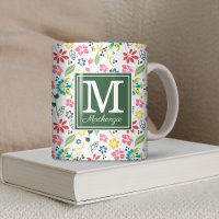 Colourful Bohemian Spring Flowers Green Monogram