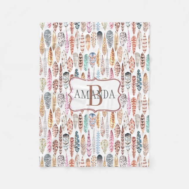 Colourful Bohemian Tribal Feathers Personalized Fleece Blanket (Front)
