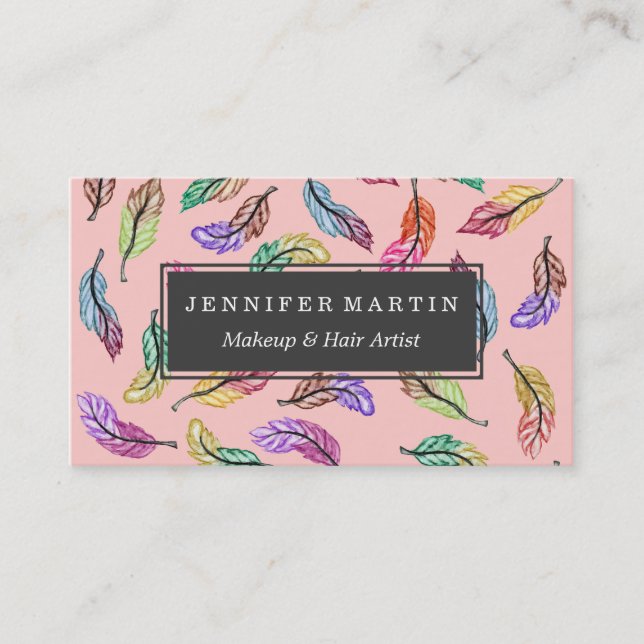 Colourful Bohemian Watercolor Feathers Pattern Business Card (Front)