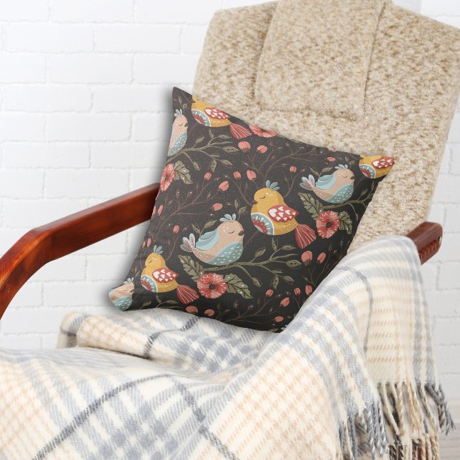 Colourful Boho Birds and Flowers Throw Pillow (Creator Uploaded)