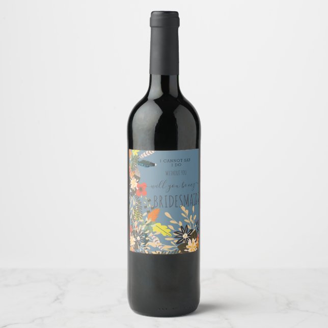COLOURFUL BOHO BLUE FLORAL WINE LABEL (Front)