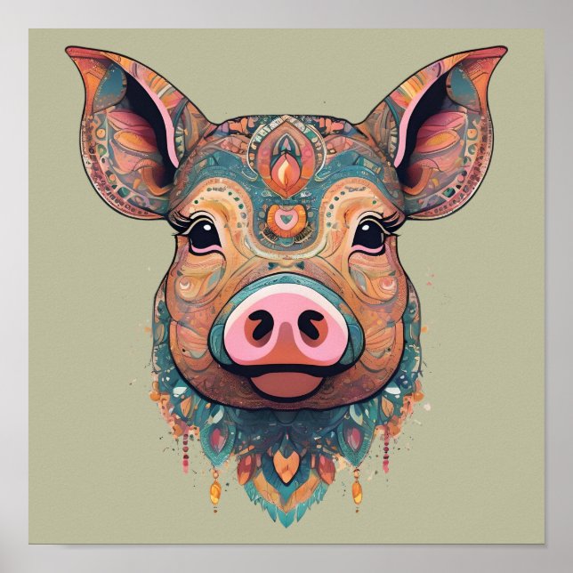 Colourful Boho Bohemian Pig Whimsical Art in Sage Poster (Front)