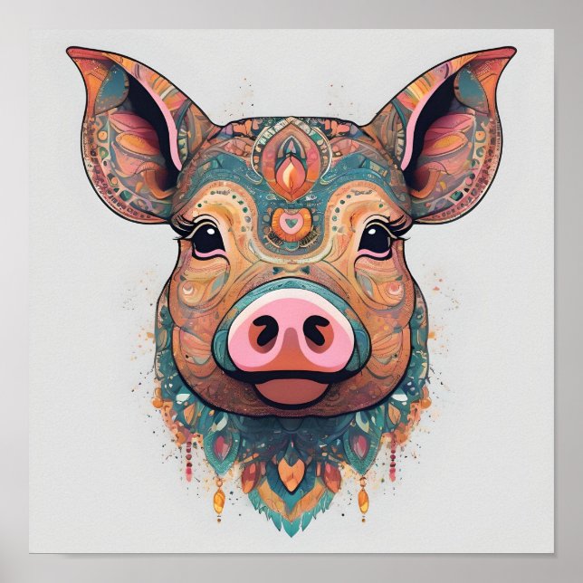 Colourful Boho Bohemian Pig Whimsical Wall Art (Front)