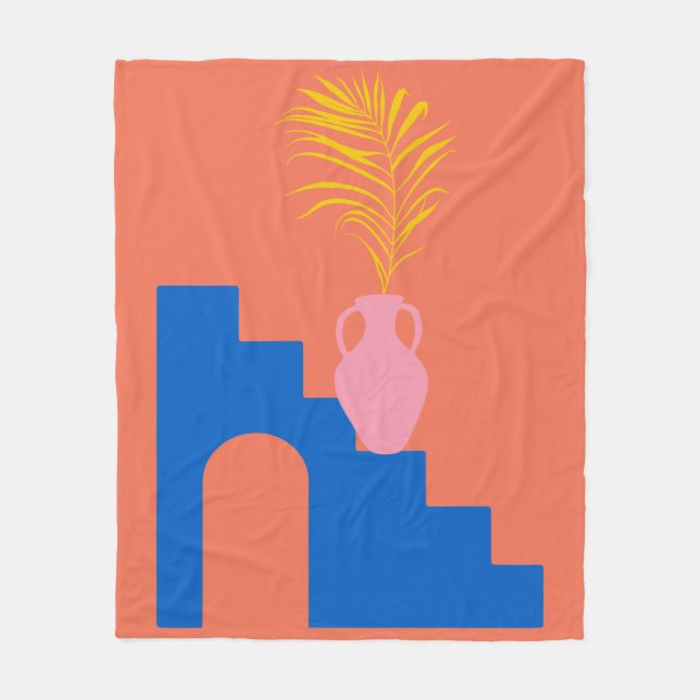 Colourful Boho Botanical Shapes in Orange and Blue Fleece Blanket (Front)