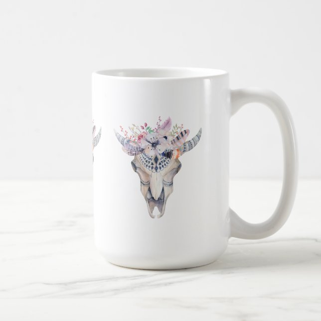 Colourful Boho Bull Scull Floral Bouquet Coffee Mug (Right)