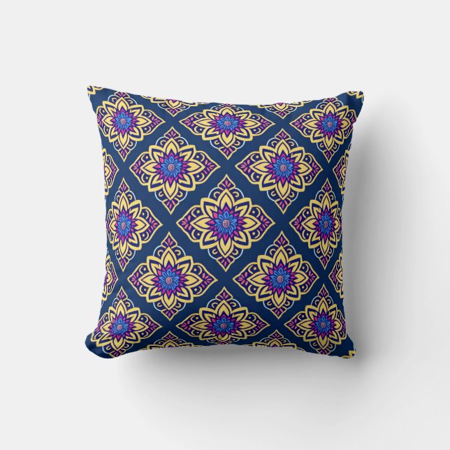 Colourful Boho Chic Geometric Floral Pattern Throw Pillow (Front)
