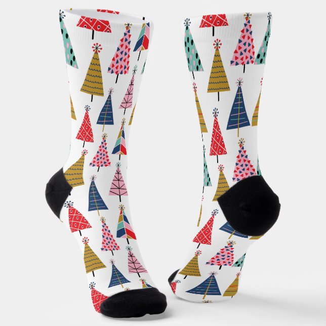 Colourful Boho Christmas Trees Pattern Socks (Angled)