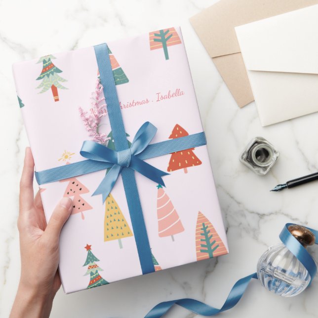 Colourful Boho Christmas Trees Pink Custom Name Wrapping Paper (Gifting)