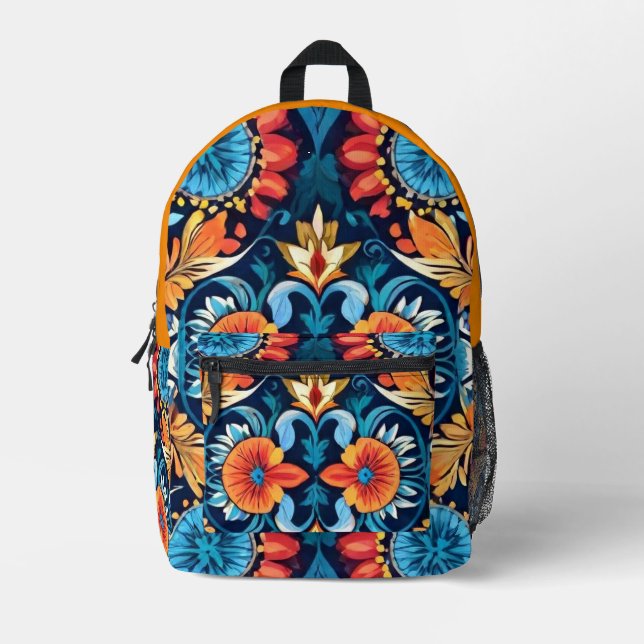 Colourful Boho Floral Elegance: Vibrant Mandala Printed Backpack (Front)