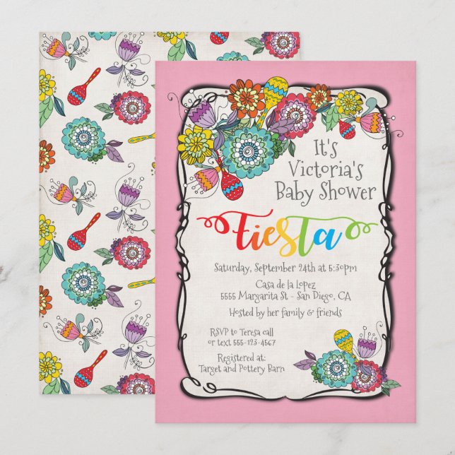 Colourful Boho Floral Mexican Fiesta Baby Shower Invitation (Front/Back)