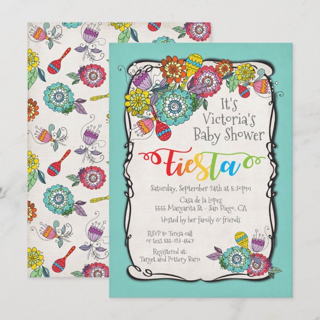 Colourful Boho Floral Mexican Fiesta Baby Shower Invitation (Front/Back)