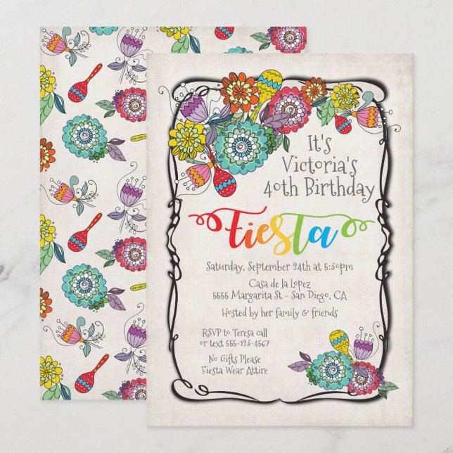 Colourful Boho Floral Mexican Fiesta Birthday Invitation (Front/Back)