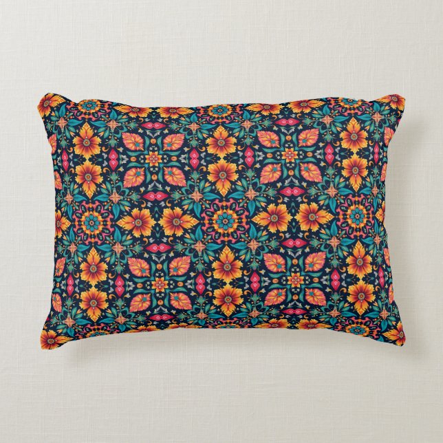 Colourful Boho Floral Pattern Elegant Symmetry Accent Pillow (Front)