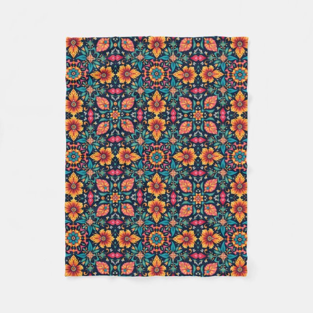 Colourful Boho Floral Pattern Elegant Symmetry Fleece Blanket (Front)