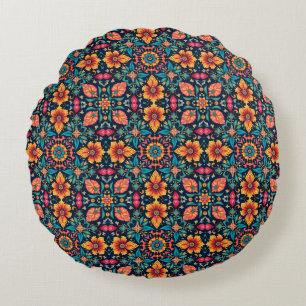 Colourful Boho Floral Pattern Elegant Symmetry Round Pillow