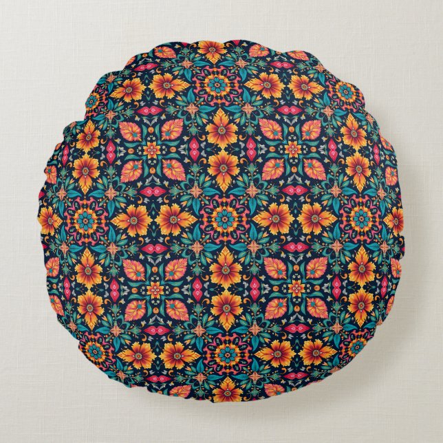 Colourful Boho Floral Pattern Elegant Symmetry Round Pillow (Front)