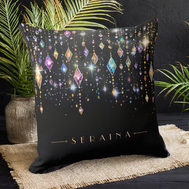 Colourful Boho Gems on Black ID1035 Throw Pillow (Creator Uploaded)