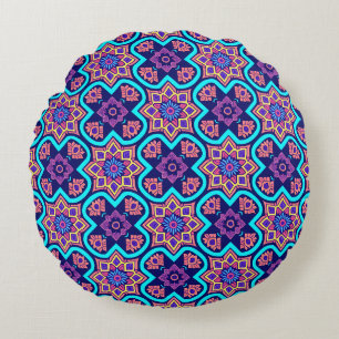 Colourful Boho Geometric Floral Pattern Round Pillow