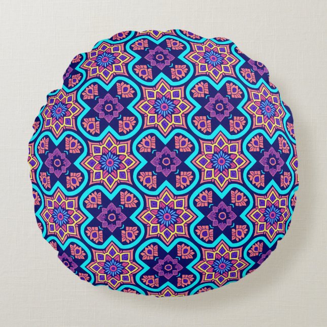 Colourful Boho Geometric Floral Pattern Round Pillow (Front)