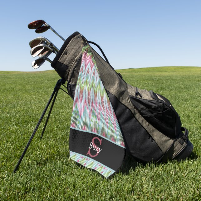 Colourful Boho Hippie Pattern Initial Monogram Golf Towel (Green)