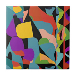 Colourful boho modern abstract art blue red patter tile