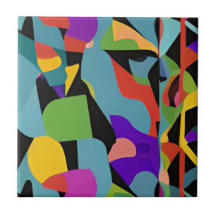 Colourful boho modern abstract art blue red patter tile