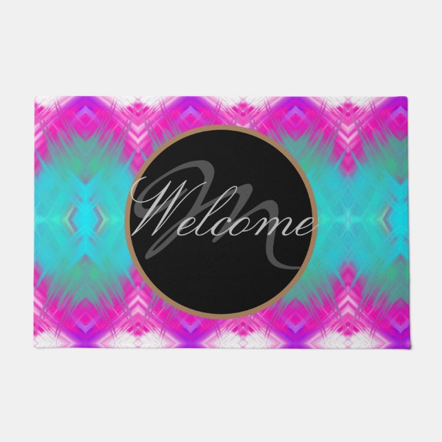 Colourful Boho Monogramed  Welcome Doormat (Front)