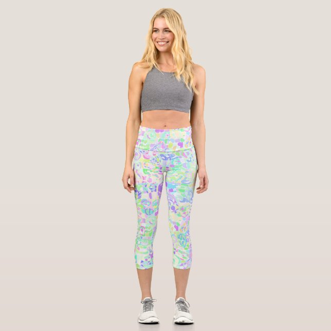 Colourful Boho Pastel Groovy Hippie Blob Mosaic Capri Leggings (Front)