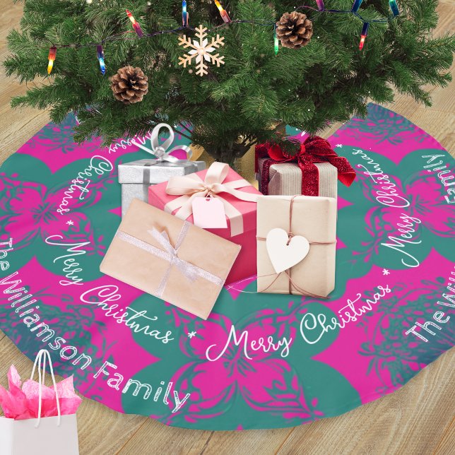 Colourful Boho Pattern Pink Green Trendy Christmas Brushed Polyester Tree Skirt (A personalized pink and green Christmas tree skirt, in boho style, with 'Merry Christmas' greeting)