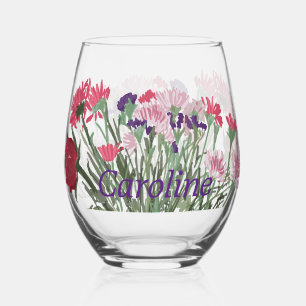 Colourful Boho Pretty Spring Flowers +Custom Name Stemless Wine Glass