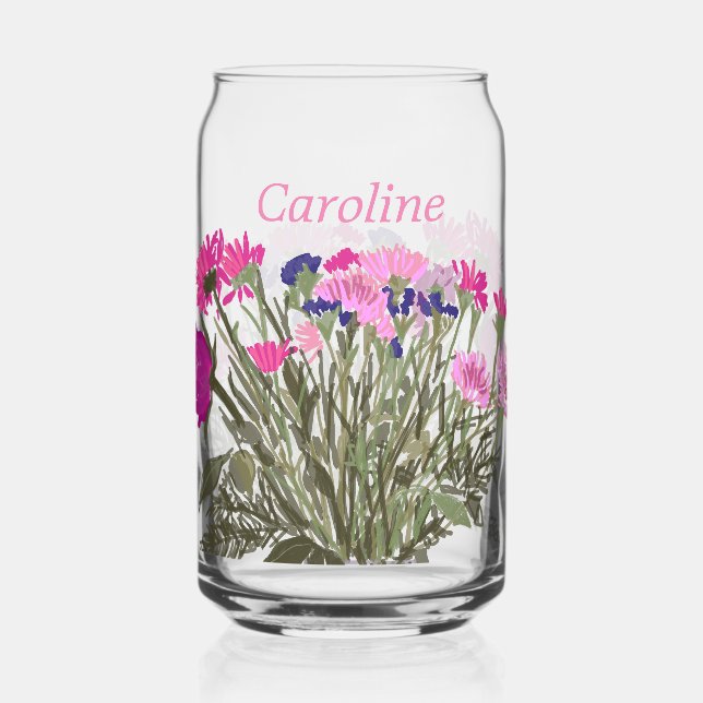 Colourful Boho Pretty Spring Flowers With Name Can Glass (Front)