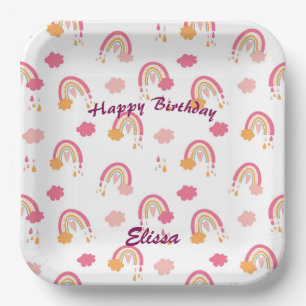 Colourful Boho Rainbow Pattern Birthday Name Paper Plate