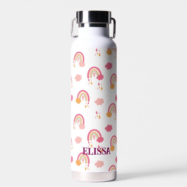 Colourful Boho Rainbow Pattern Personalized Water Bottle (Front)