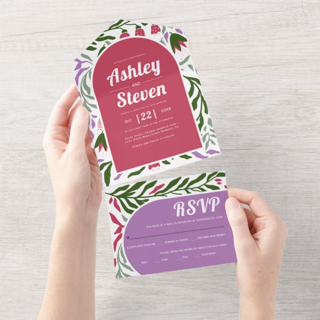 Colourful boho retro arch and flowers wedding  all in one invitation (Tearaway)