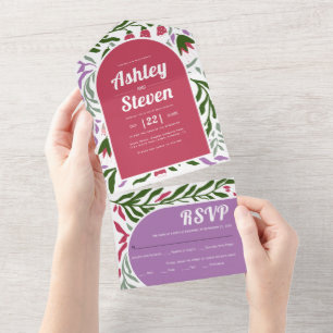 Colourful boho retro arch and flowers wedding  all in one invitation