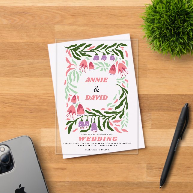 Colourful boho retro branches and flowers wedding acrylic invitations (Insitu (Invitation Card))