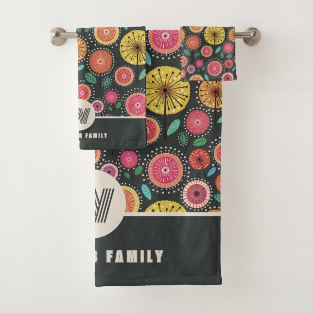 Colourful Boho Scandi Folk Floral Family Name  Bath Towel Set (Insitu)