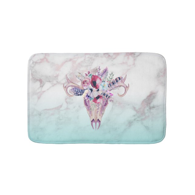 Colourful Boho Skull & Flowers Over Marble Ombre Bath Mat (Front)