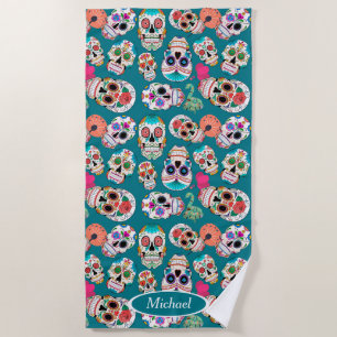 Colourful Boho Sugar Skulls Personalized Beach Towel