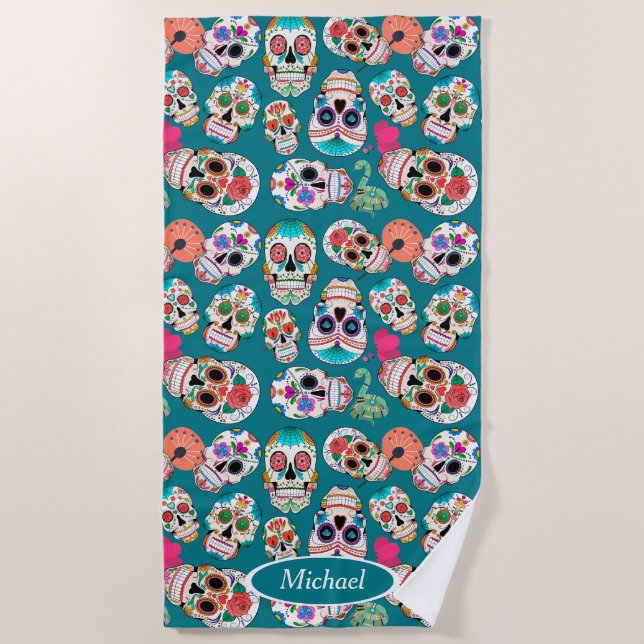 Colourful Boho Sugar Skulls Personalized Beach Towel (Front)