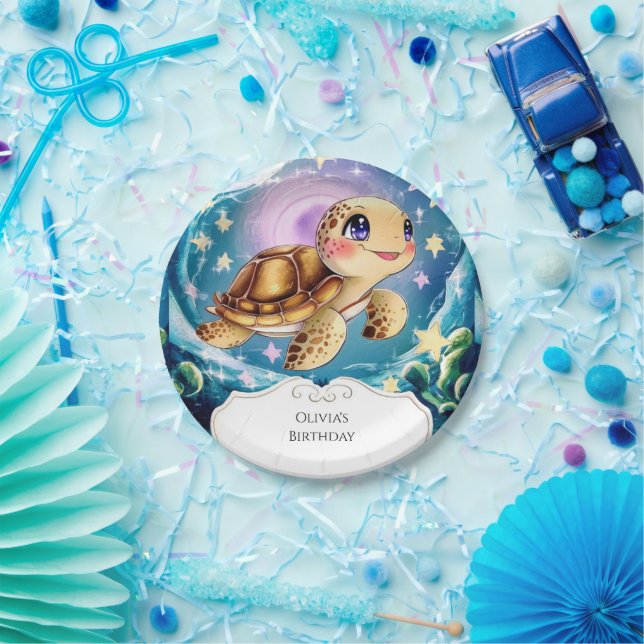 Colourful Boho Underwater Turtle Birthday Paper Plate (Party)