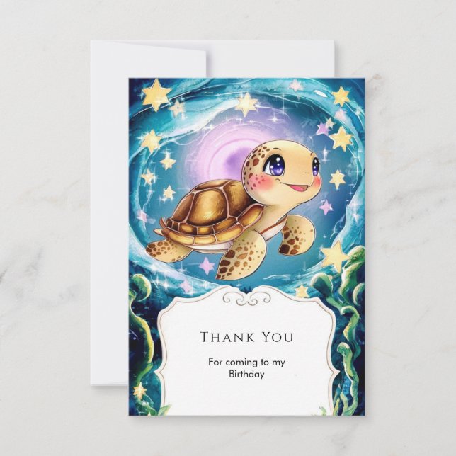 Colourful Boho Underwater Turtle Birthday Thank You Card (Front)